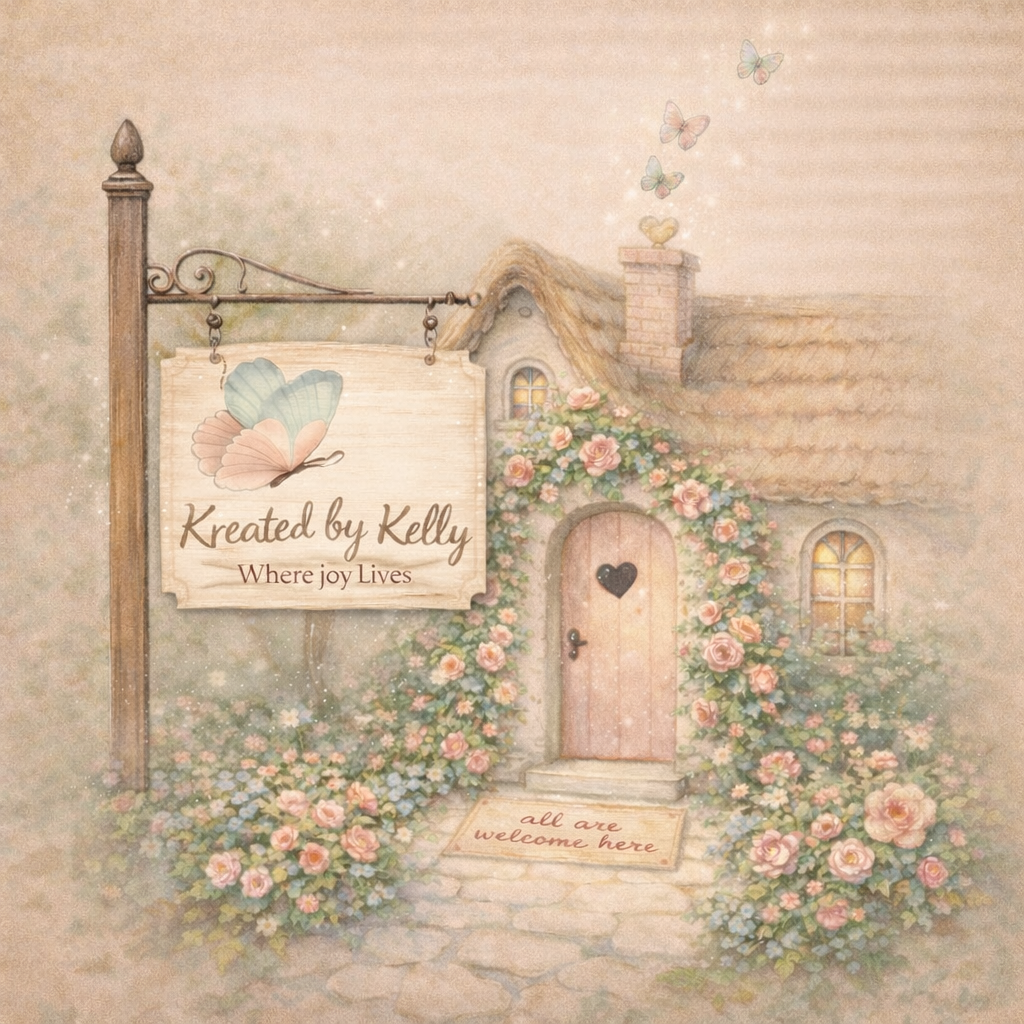 Whimsical cottage illustration with floral garden and sign for Kreated by Kelly, a handmade jewelry and art shop focused on joy and creativity.