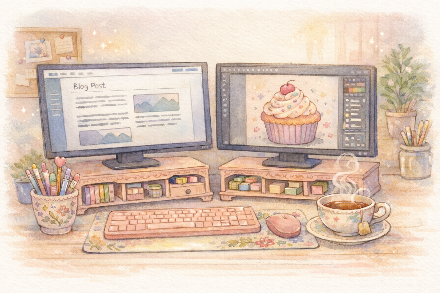 Illustration of a home office desk with two monitors, keyboard, and a cup of tea.